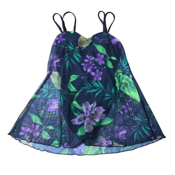 SOLD Vintage 90s Purple Floral Black One Piece Bathing Suit Mesh Swim Dress - Picture 4 of 10